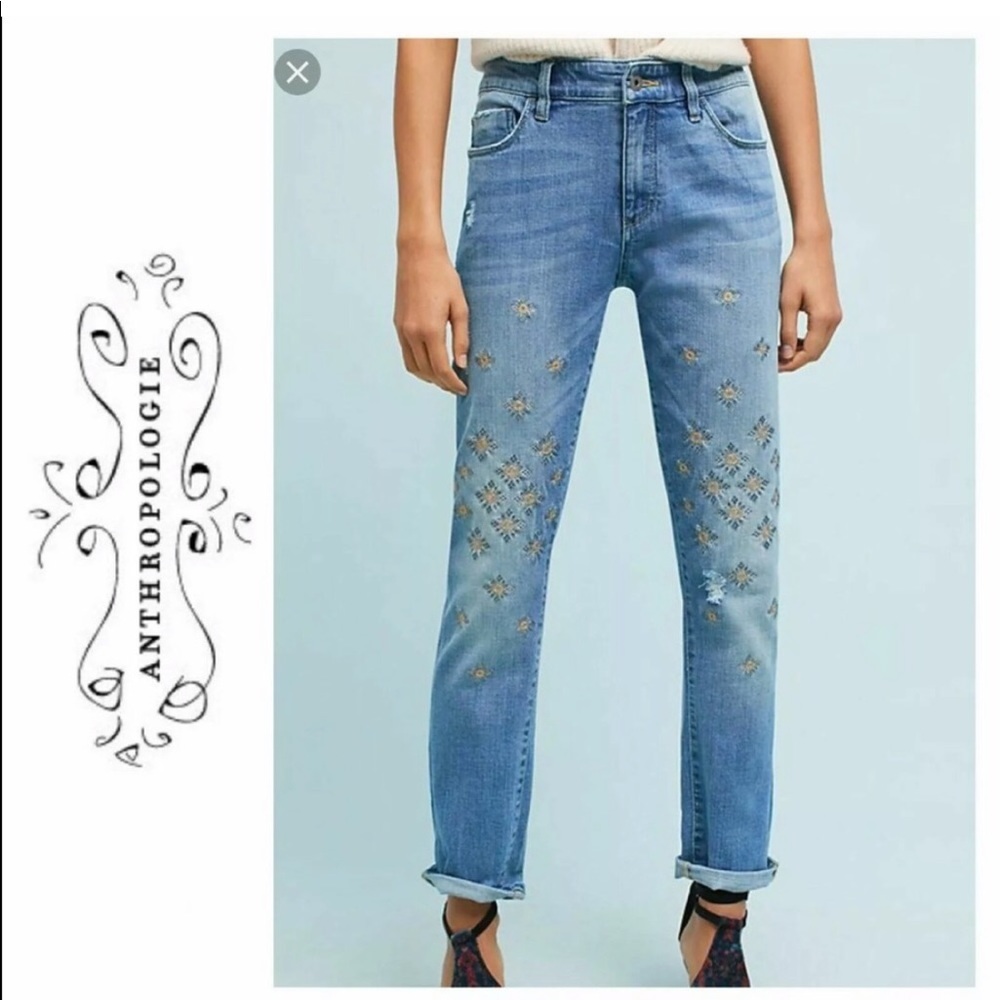 Anthropologie Gold Embroidered Slim Boyfriend Jean